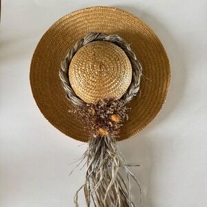 Vintage Straw Sun Hat Wide Brim Dried Flower Raffia Tassel Cottagecore Decor